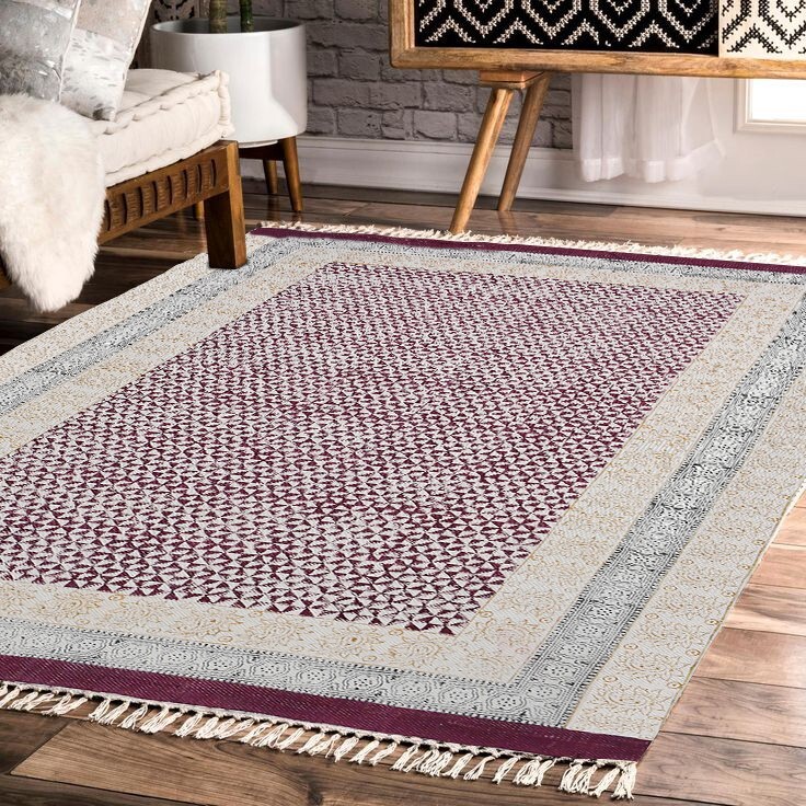 Handmade Cotton Area Rug, Red Maroon & Black Rug, Indian Cotton Dhurrie Rug gallery