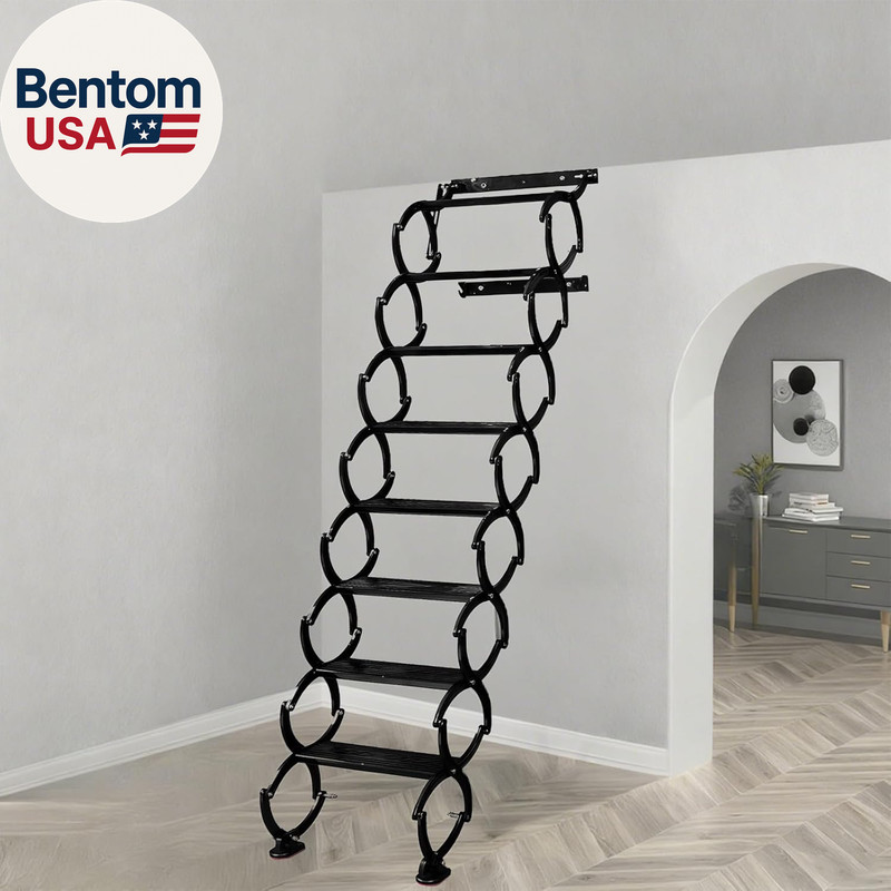 10FT Pull down Attic Stairs, 12 Steps Wall Mounted Folding Loft Ladder,Extension gallery