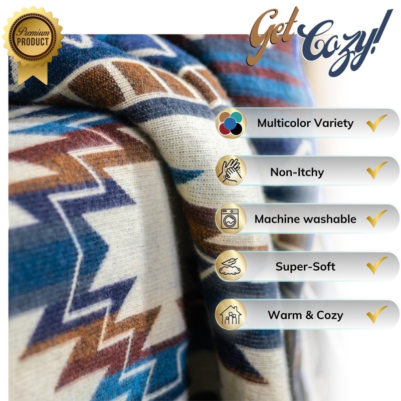 REVERSIBLE ALPACA Wool Blanket Andean , Blue Native Design Geometric Throw gallery