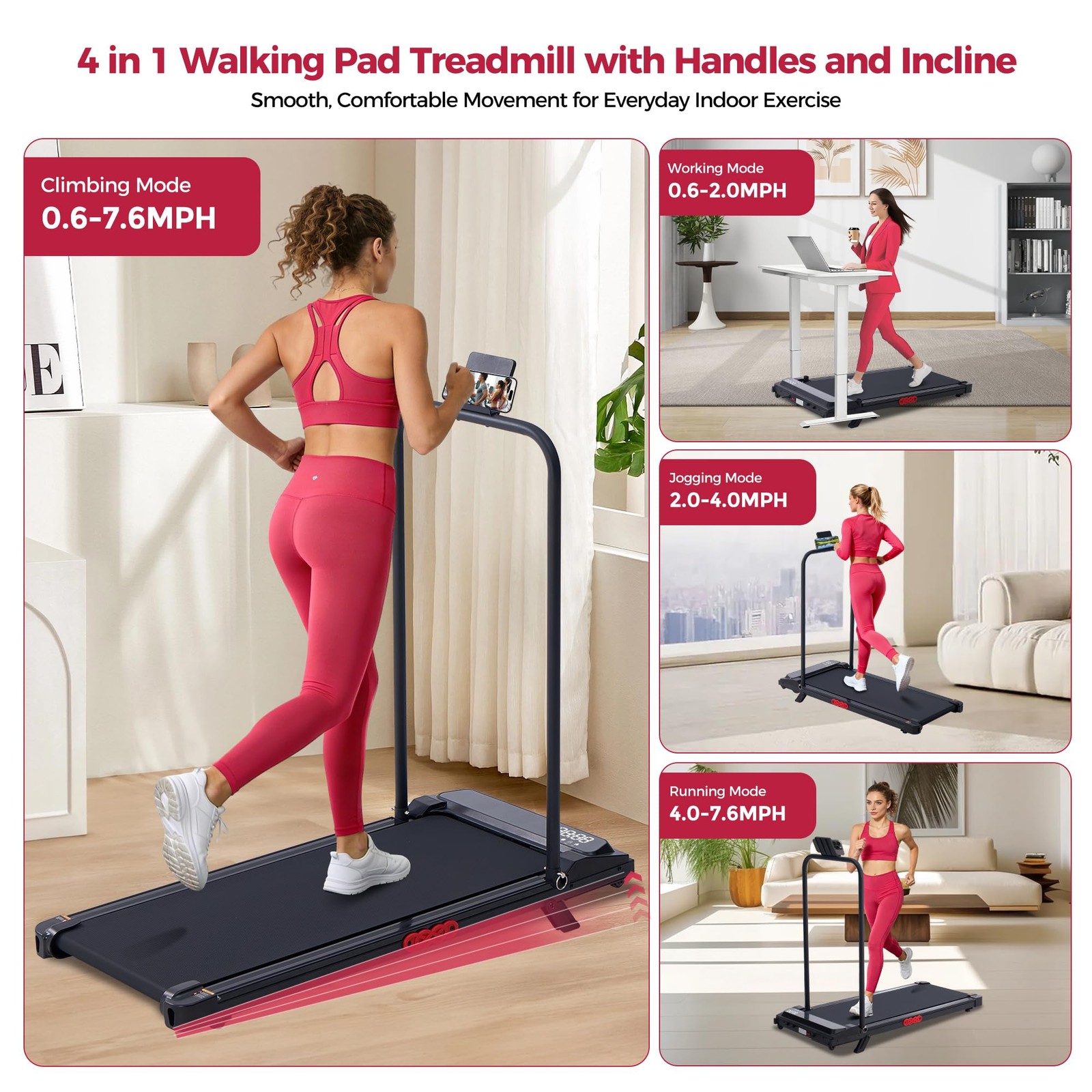 Walking Pad with Handle Bar and Incline 3.0HP Under Desk Treadmill for Home S... gallery