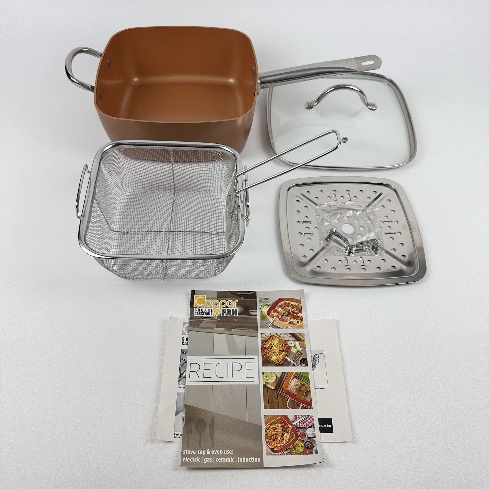 Copper Chef 9.5" Square Casserole Induction Chefs Pan W/ Fry Basket, Tray, & Lid gallery