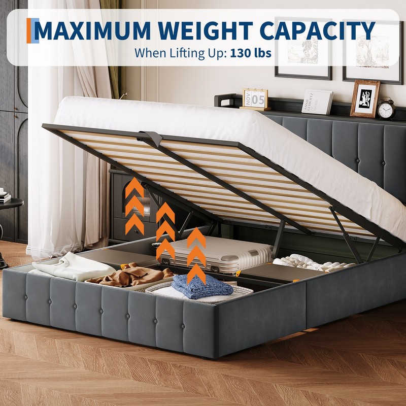 Lift Up Storage Bed Frame, Full Size Platform Bed with LED Light & Power Outlets gallery