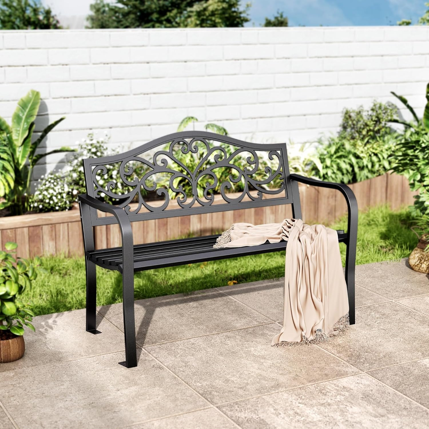 MFSTUDIO 43.7 Inches Outdoor Garden Bench, Cast Iron Metal Frame Patio Park outs gallery