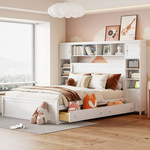 Full Queen Size Platform Bed with Storage Drawers All-in-One Cabinet and Shelves gallery