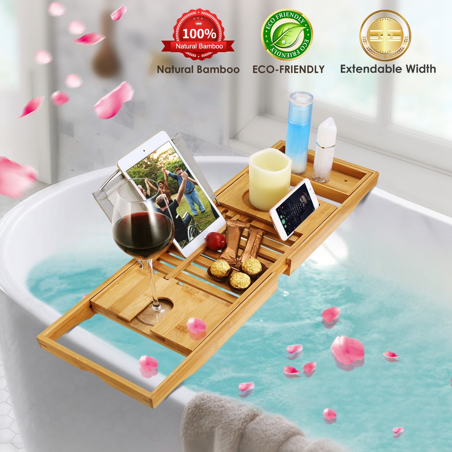 Bathtub Caddy Bamboo Bath Tub Rack Tray & Bath Pillow Cloth/Book/Tablet Holder gallery