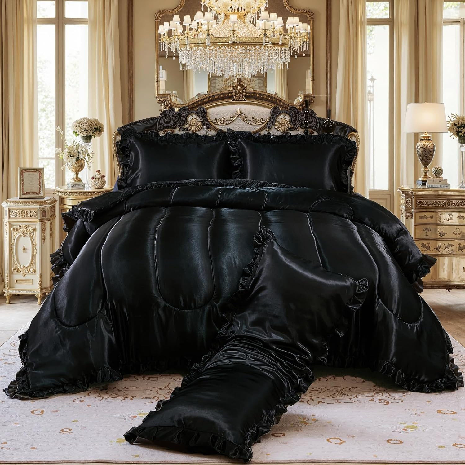 Satin Queen Comforter Set Silk like Satin Bedding Set Hotel Soft Polyester Black gallery