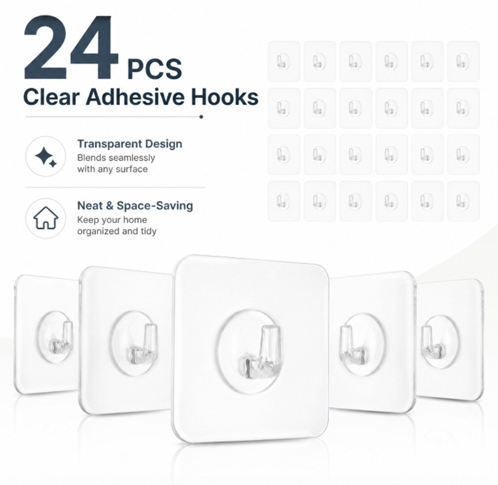 24 Pcs Adhesive Sticky Hooks Heavy Duty Wall Hooks Hangers Seamless Transparent gallery