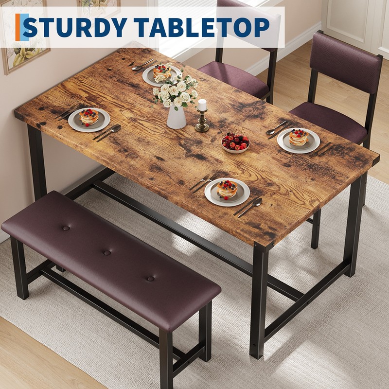 Modern 4-Piece Dining Table Set for 4, Kitchen Table, Bench, 2 Padded Chairs gallery