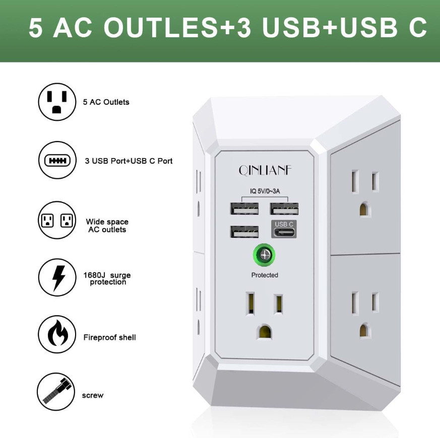 5 Outlet Extender Surge Protector Multi Plug Wall Adapter USB Charger Ports with gallery