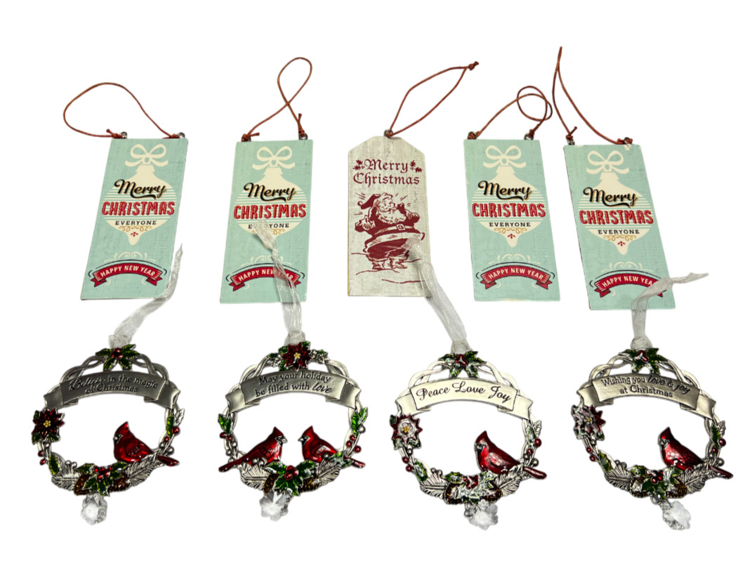 Cardinal Wreath Christmas Ornaments Set of 4 Metal & 5 Wooden Ornaments Decor gallery