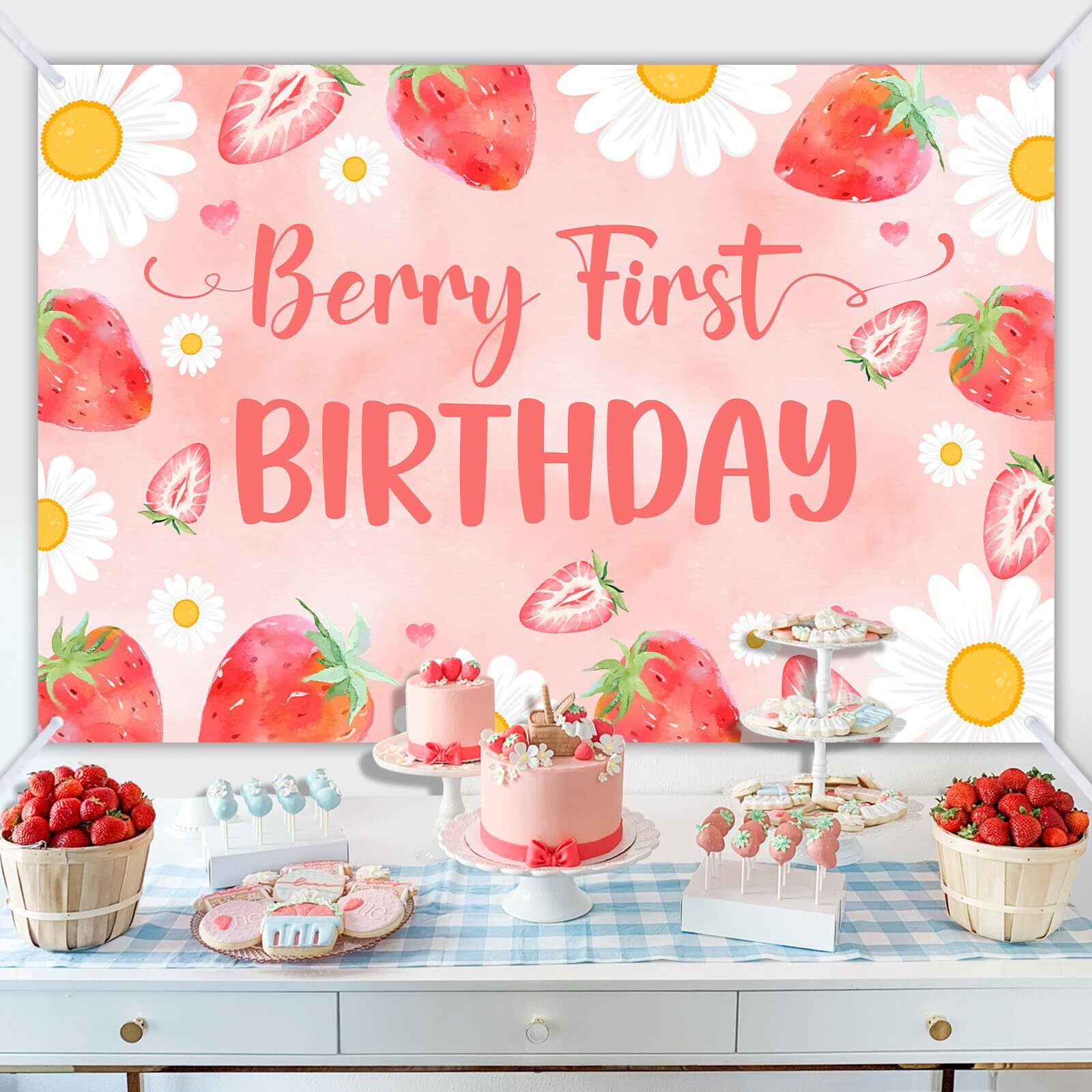 Strawberry Daisy Birthday Backdrop Berry First Birthday Party Decorations Prop gallery