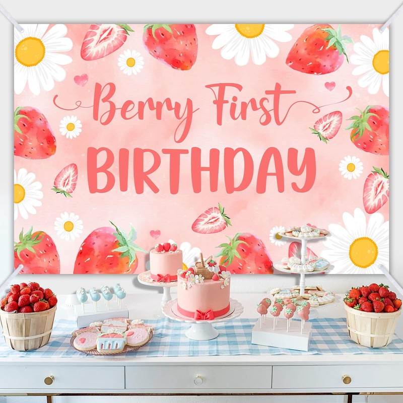 Strawberry Daisy Birthday Backdrop Berry First Birthday Party Decorations Prop gallery
