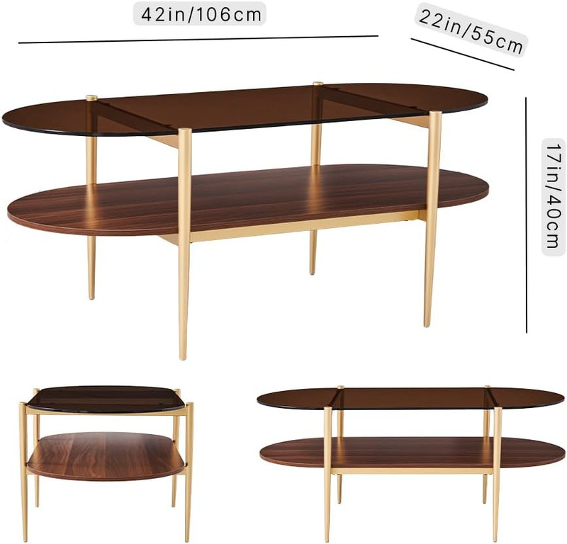 Oval Rectangle Coffee Table with Amber Brown Glass Top, Mid-Century Modern Coffe gallery