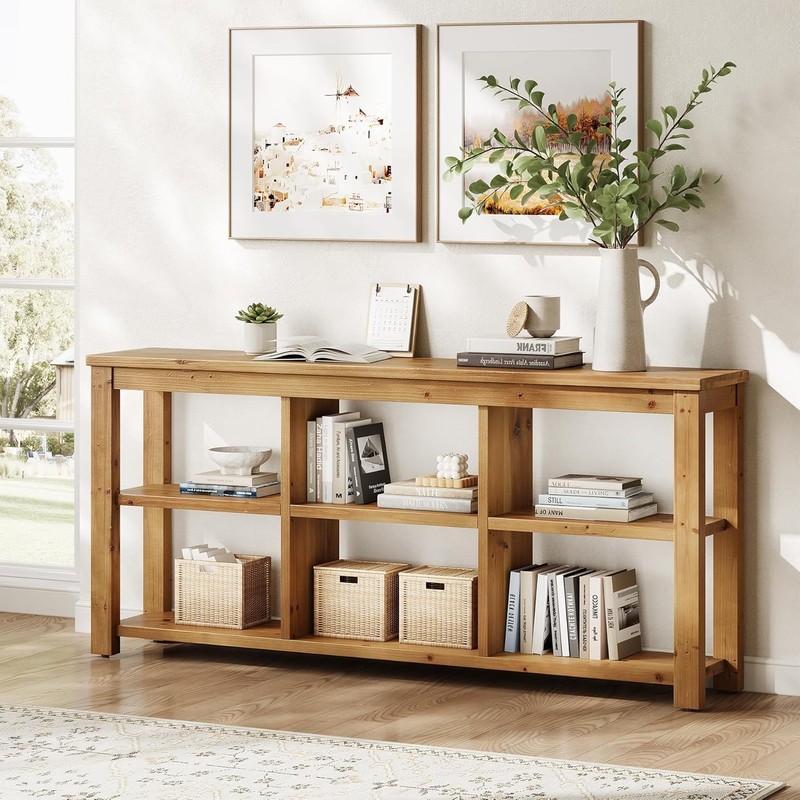 63'' Solid Wood Horizontal Bookcase, Rustic Long Bookshelf with 6 Cubes Storage gallery