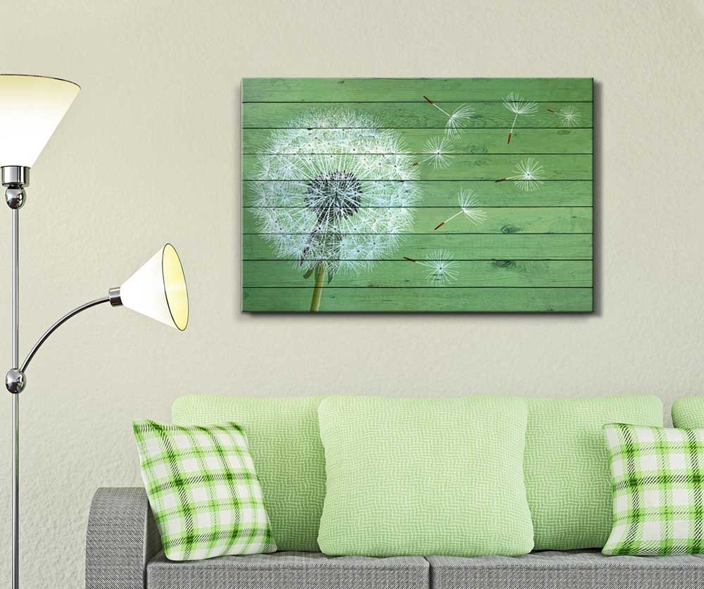 Wall26 - Dandelion Over Green Wooden Panels - Canvas Art Home Decor - 16x24 gallery