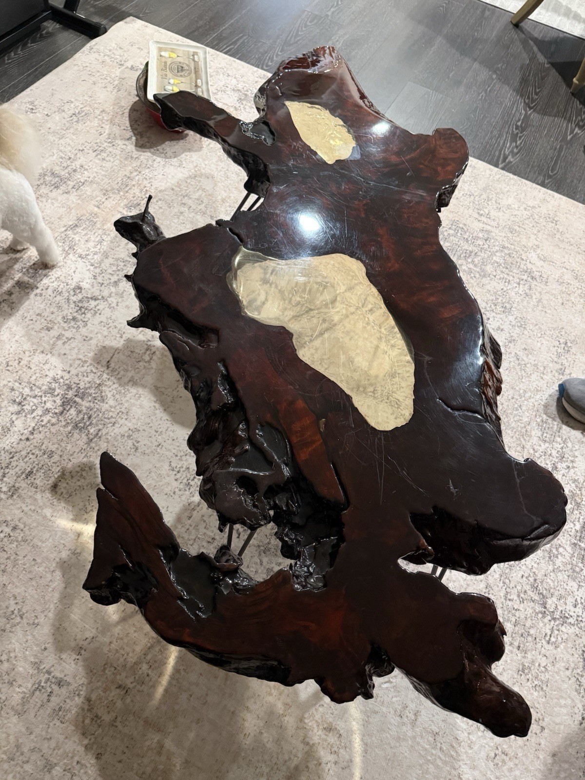 Live Edge Dark Wood & Resin Coffee Table, Free Form, Hairpin Metal Legs gallery