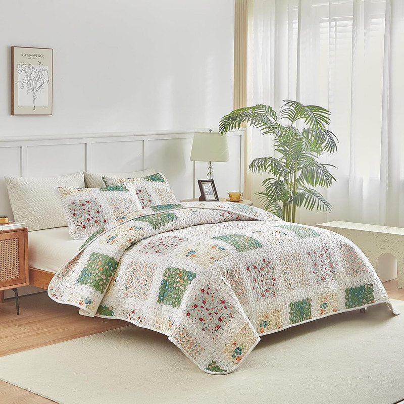 3 Pieces Quilt Set Full/Queen, Patchwork Floral Boho Design, Soft N Cozy Microfi gallery