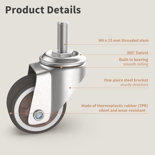 1.25" Small Threaded Stem Casters, M6 Swivel Furniture Wheels, TPR Silent, gallery