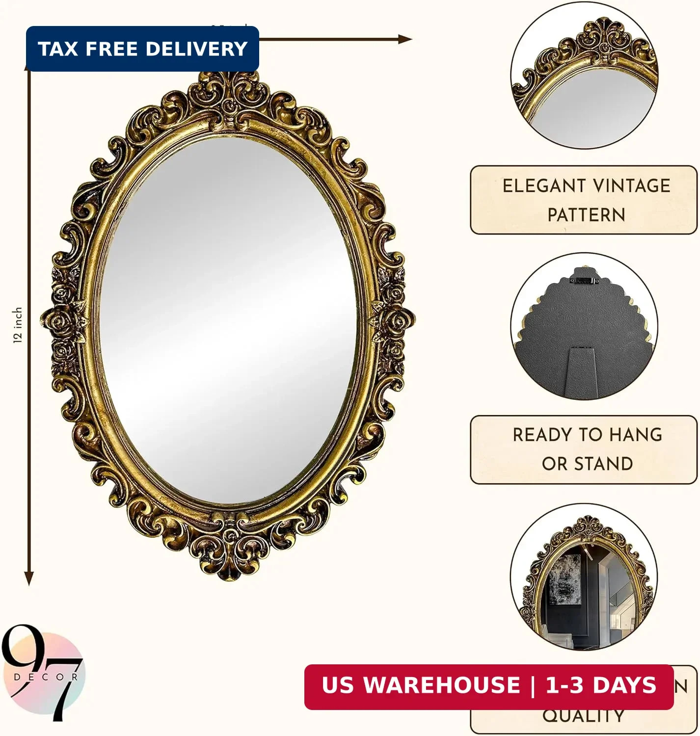 97 Decor Small Oval Mirror for Table - Gold Vintage Mirror for Tabletop and Wall gallery