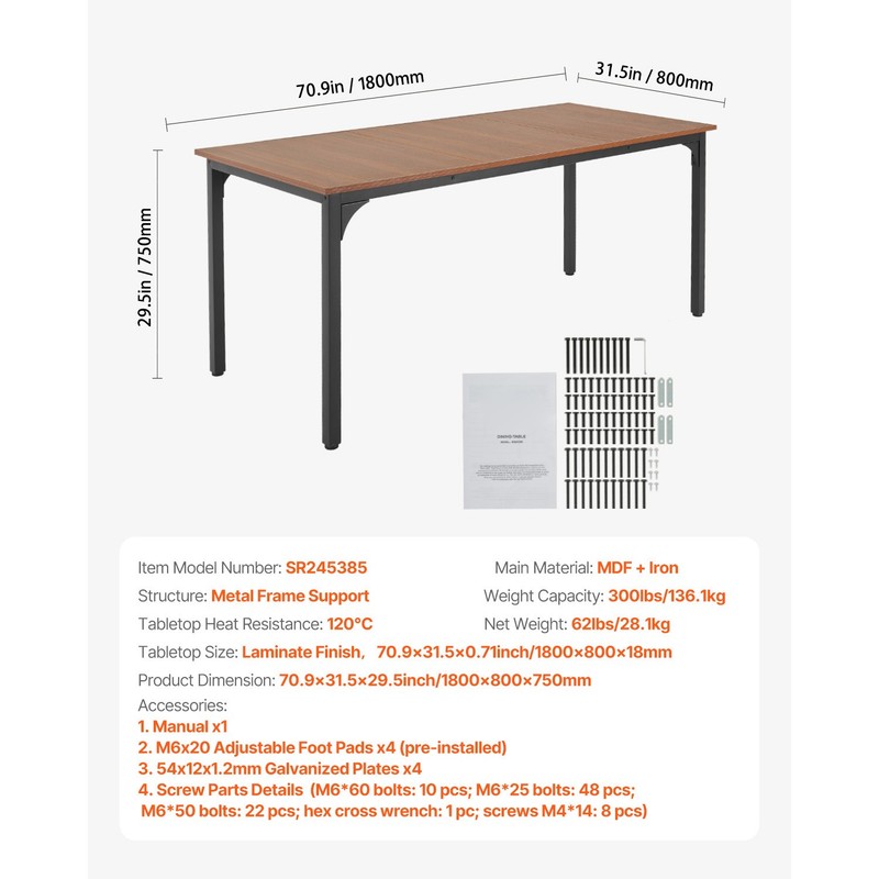 71in Rectangle Dining Table Wood Kitchen Table for 6-8 Person Brown (Only Table) gallery