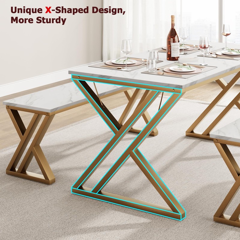 Dining Table Bench Set for 4, Kitchen Table Set With 2 Benches, Rectangular D... gallery