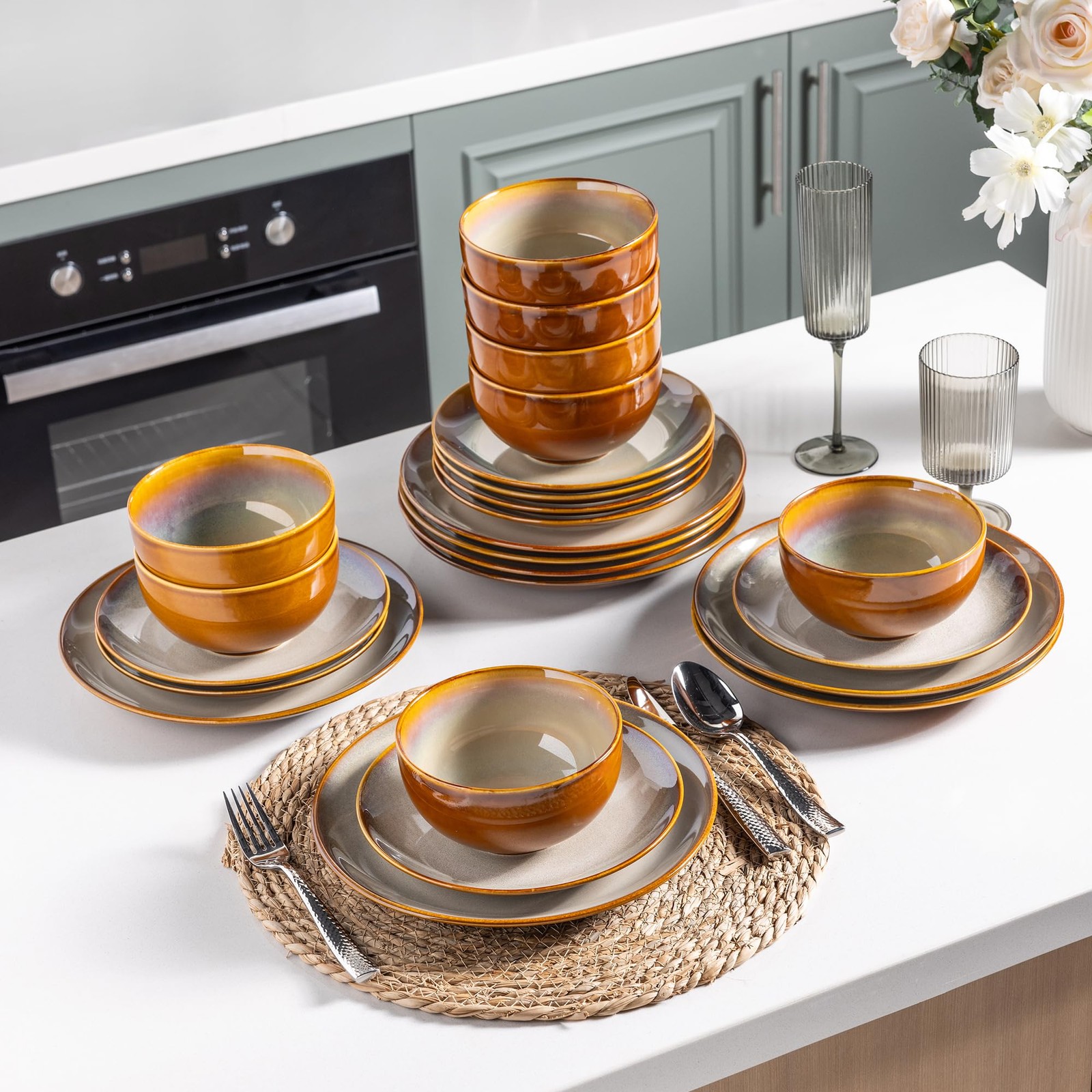 Ceramic Dinnerware Set Service for 8 24PCS Stoneware Plates Bowls Kahki LERATIO gallery