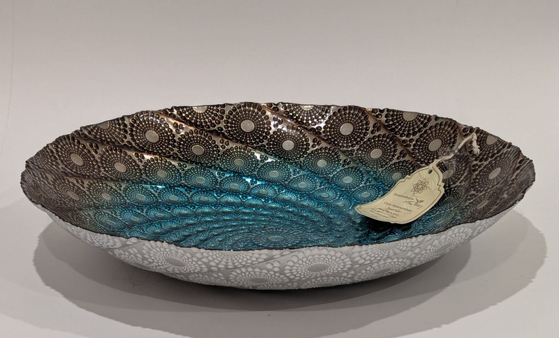 Handcrafted Turkish Peacock Feather, Mandala-inspired 16" Glass Bowl Centerpiece gallery