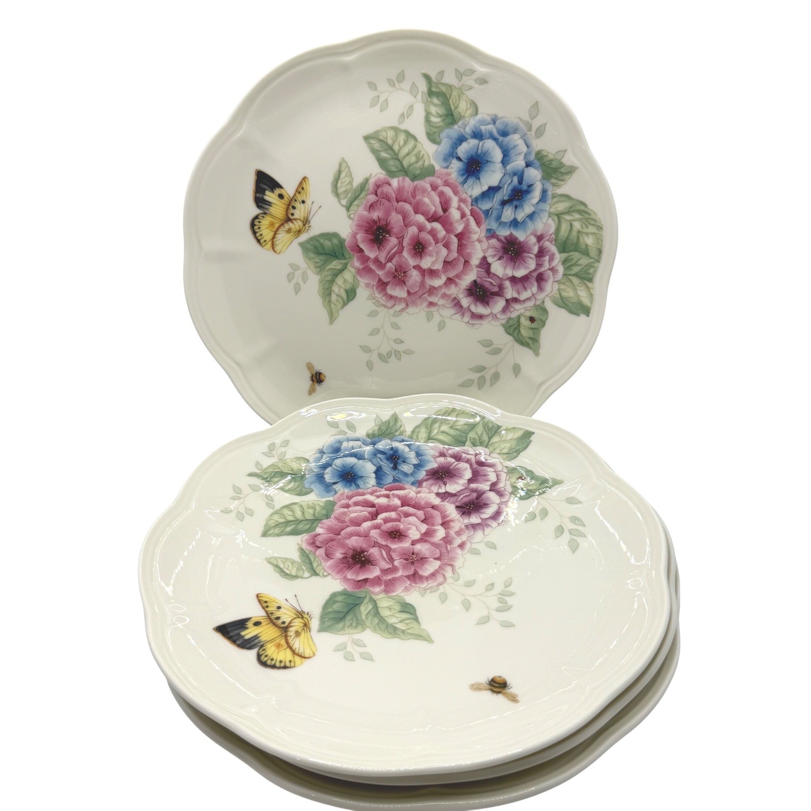 Lenox Butterfly Meadow Hydrangea Porcelain Accent Plates Set of 4 Scalloped 9in gallery