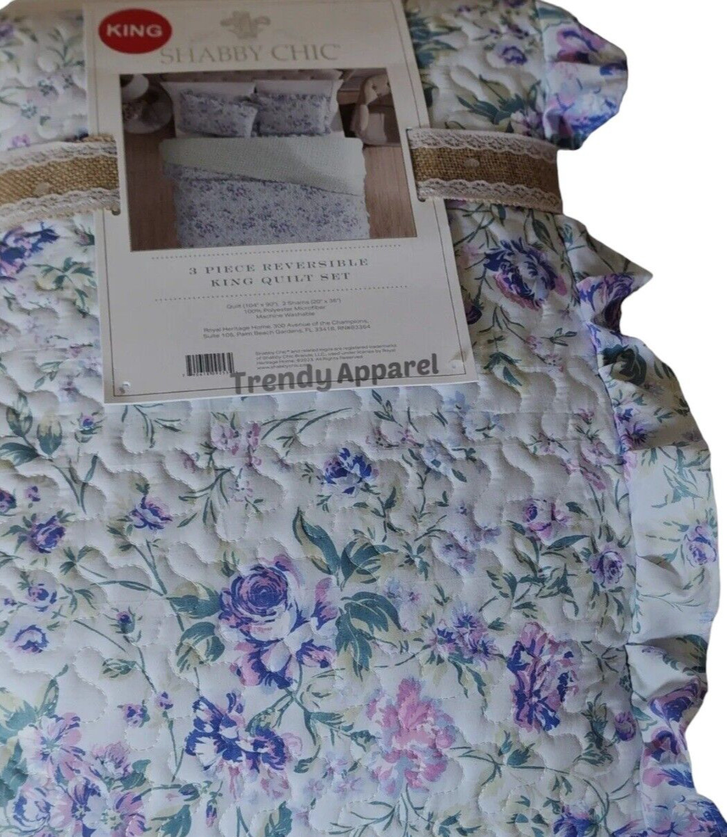 Shabby Chic, Reversible, Violet/Blue Floral KING Quilt & Sham Set gallery