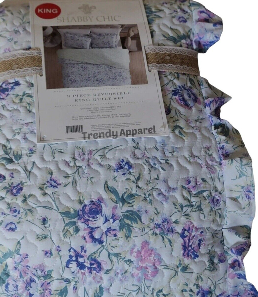 Shabby Chic, Reversible, Violet/Blue Floral KING Quilt & Sham Set