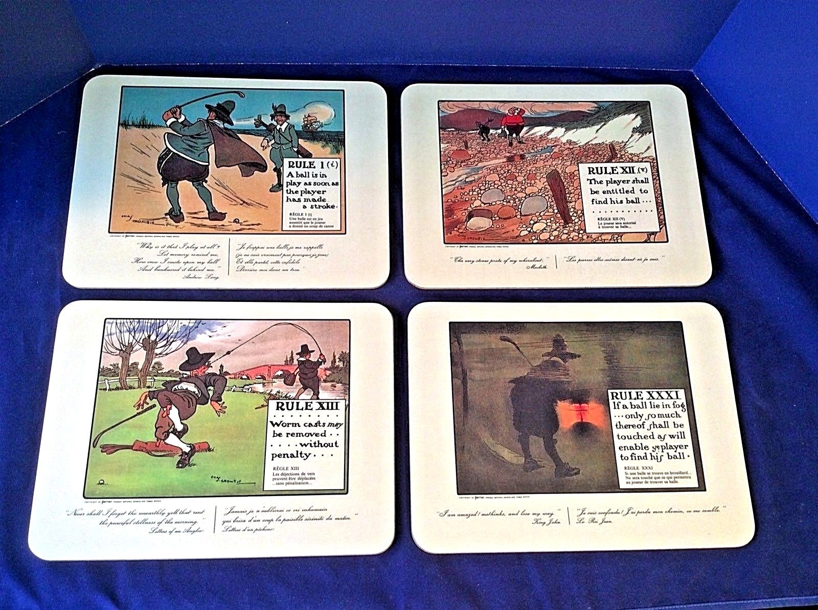 PERRIER CHAS CROMBIE RULES GOLF SET 4 HARDBOARD MATS I, XII, XIII & XXXI VTG ENG gallery