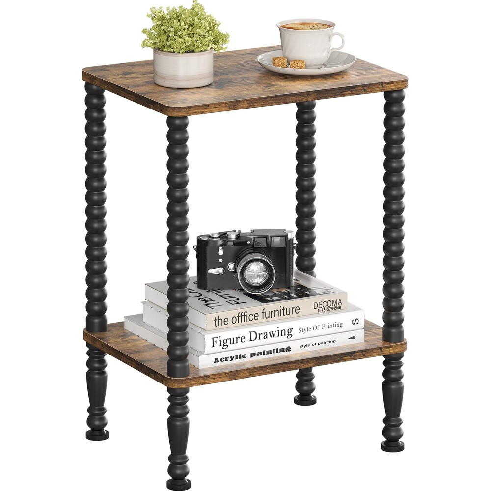 Side Table Small End Table 2Tier Nightstand Storage Shelves Rustic Brown Black