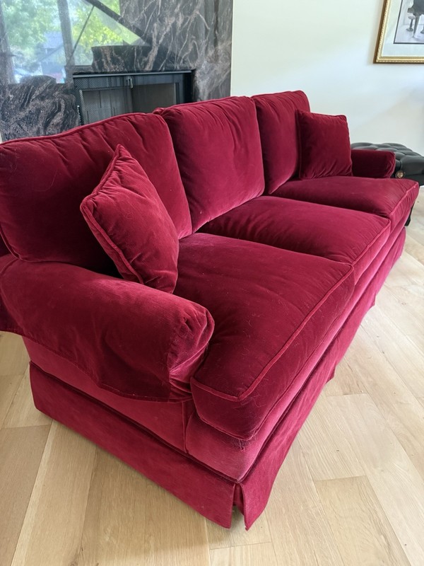 Red Velvet 3-Seat Sofa Solid Cushioned Back Classic Round Arms w/ Cushions gallery