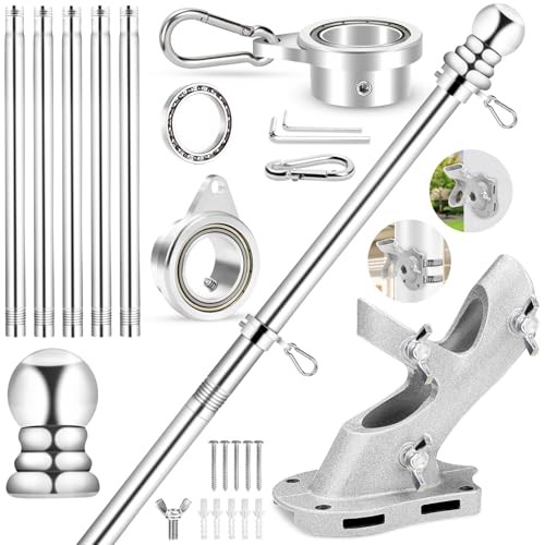 6 FT Flag Pole with Bearings Rings and Bracket, 360° Spinning Flag 6 FT-Silver gallery