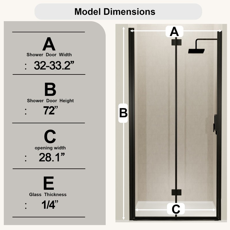 Semi-Frameless Folding Pivot Hinged Shower Door 32-33.2 in. W x 72 in. H,1/4" gallery