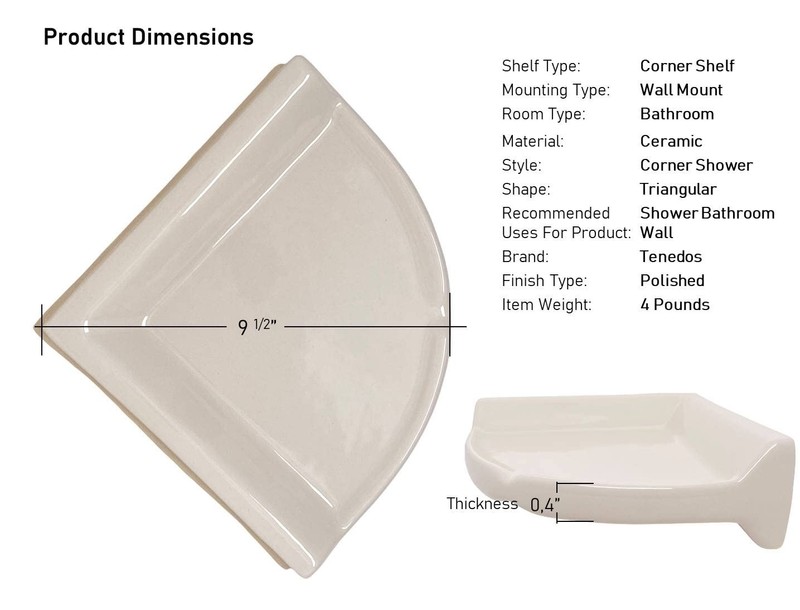 Tenedos Bone Glazed Ceramic Corner Shower Shelf, Large, 8.5" x 8.5" gallery