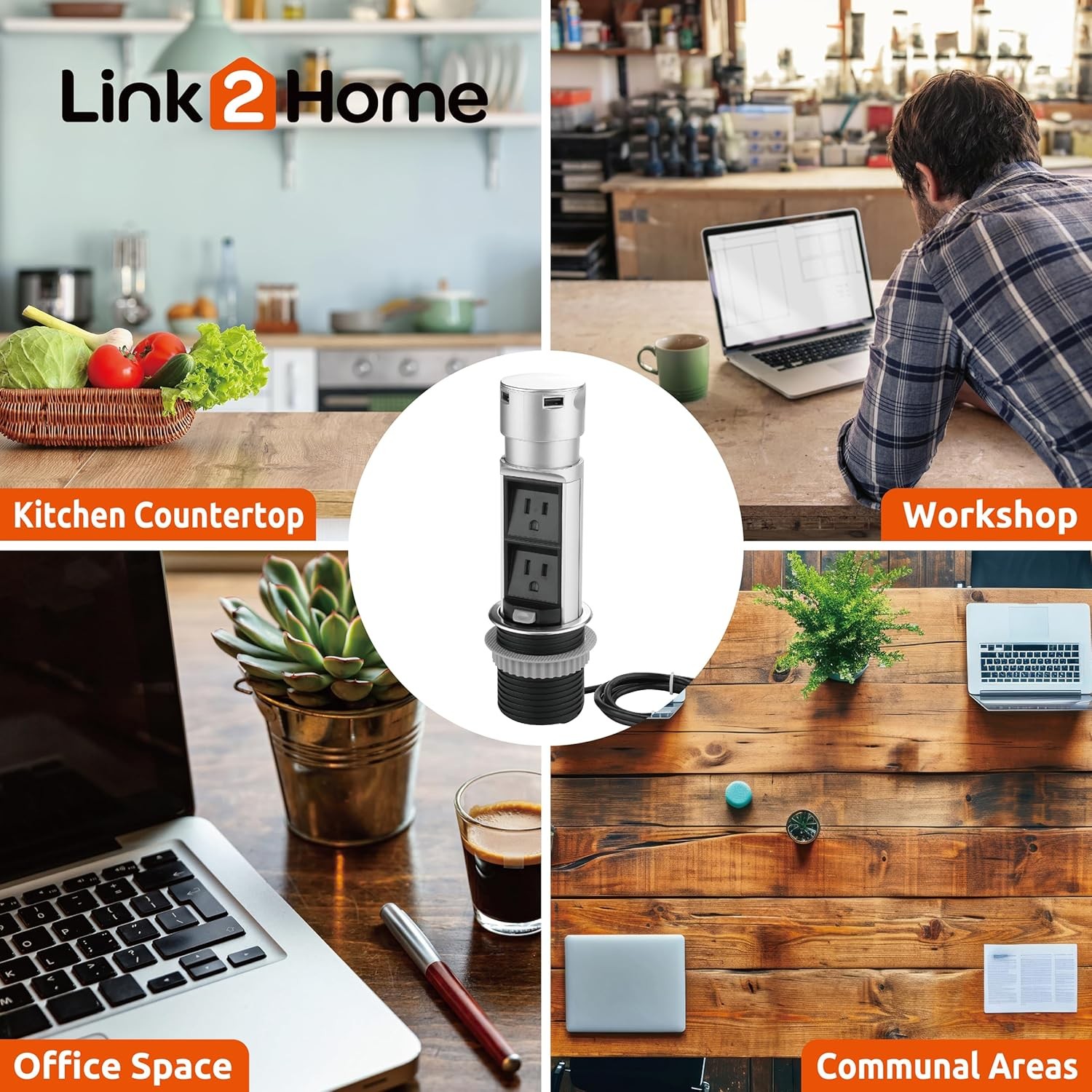 Link2Home Space Saver Pop Up-Outlet 2 Power Outlets, 2 USB - Overload Protection gallery