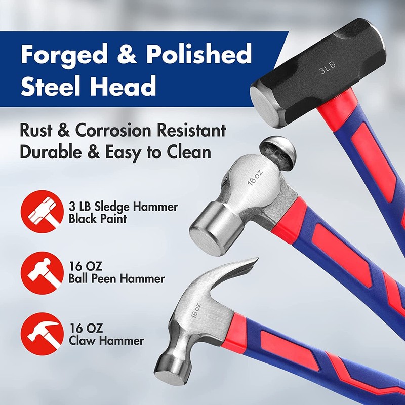 WORKPRO Hammer Set 5-PC 32oz Rubber Mallet 16oz Claw Hammer 3lb Sledge Hammer gallery