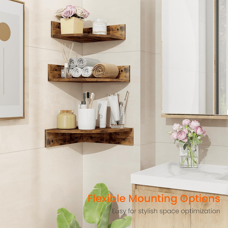 3 Tier Corner Wall Shelves Set Floating Wood Storage With Cord Hole Rustic gallery