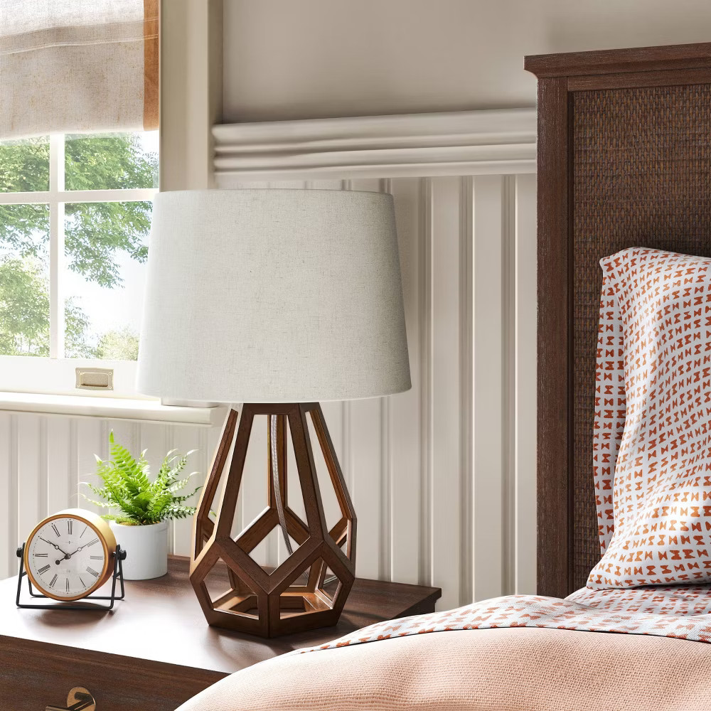 Large Wood Geo Assembled Table Lamp Brown - Threshold gallery