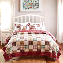 Quilt Set Red Tan Plaid Patchwork Twin Cotton Reversible Traditional Bedding