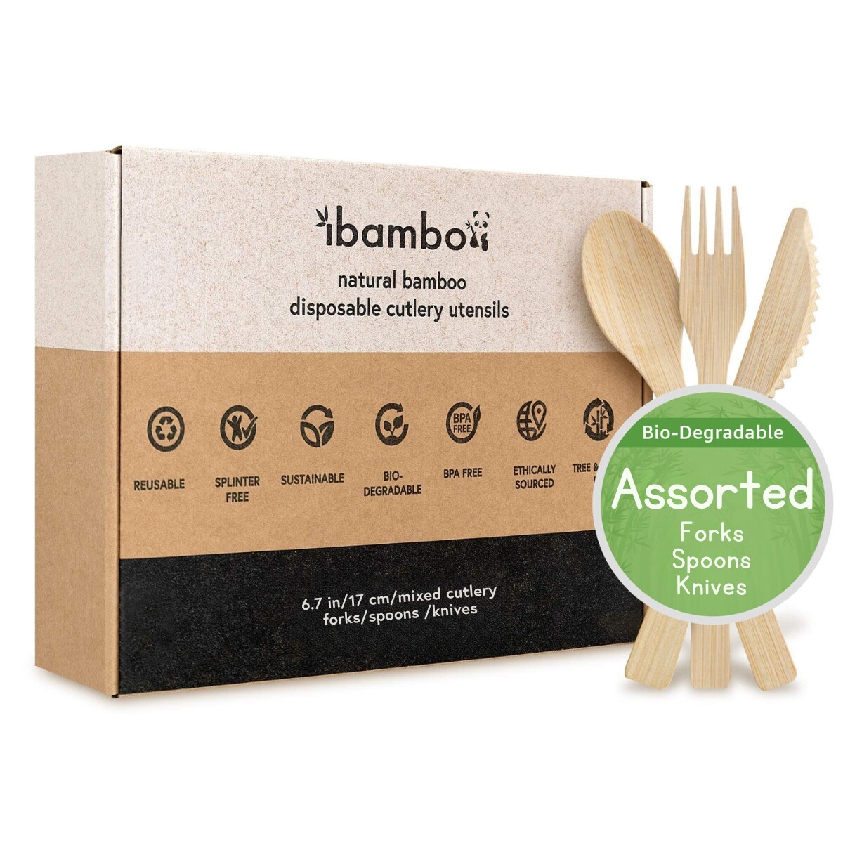 Ibambo 100% Bamboo Utensils - Assorted Bamboo Cutlery - Disposable or Reusable gallery