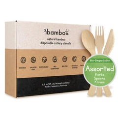 Ibambo 100% Bamboo Utensils – Assorted Bamboo Cutlery – Disposable or Reusable