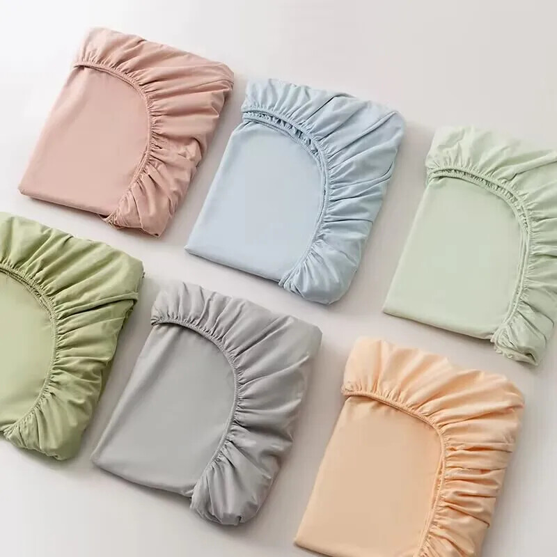 Soft Cotton Fitted Bed Sheet with Elastic Band Solid Color Mattress Cover for Si gallery