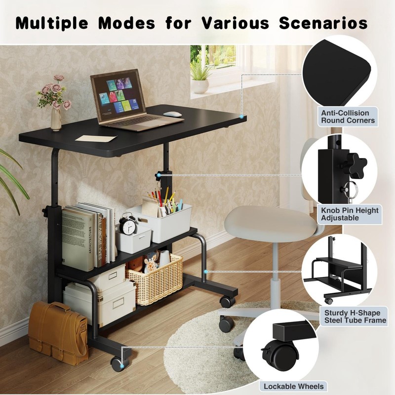31.5'' Adjustable Height Rolling Computer Desk with Storage Shelves, gallery
