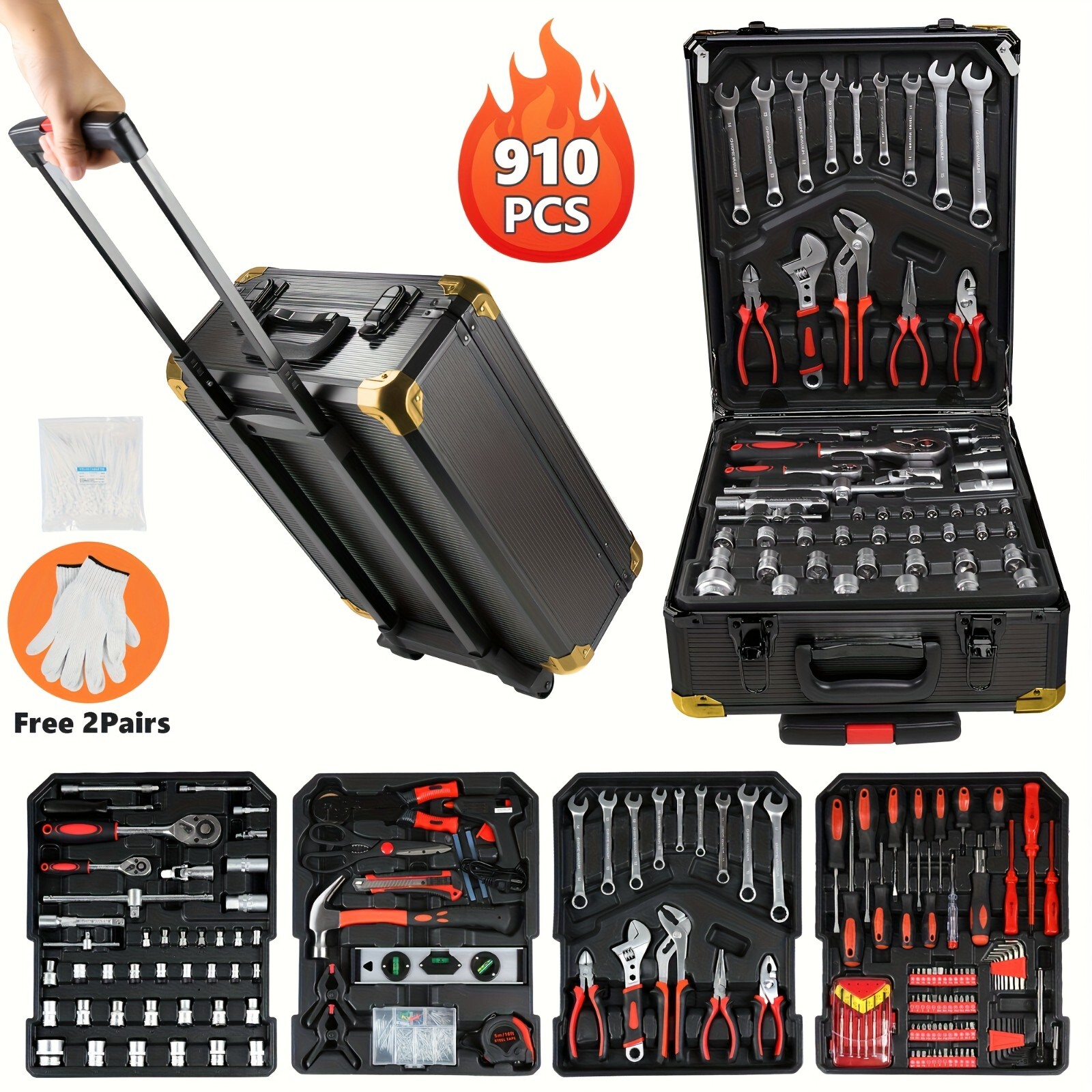 Tool Set Mechanics Tool Kit 910 PCS Wrenches Socket with Trolley Case Box Silver gallery