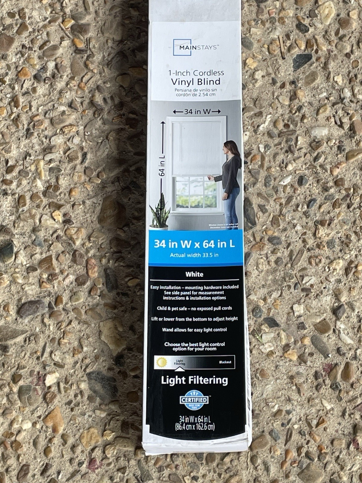 Mainstays 1-Inch Cordless Vinyl Blind, White, 34 in W x 64 in L, Light Filtering gallery