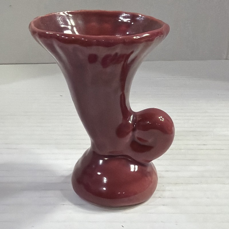 McCoy Cornucopia Mini Vase Ceramic Pottery Horn Footed Fluted Maroon USA Vintage gallery