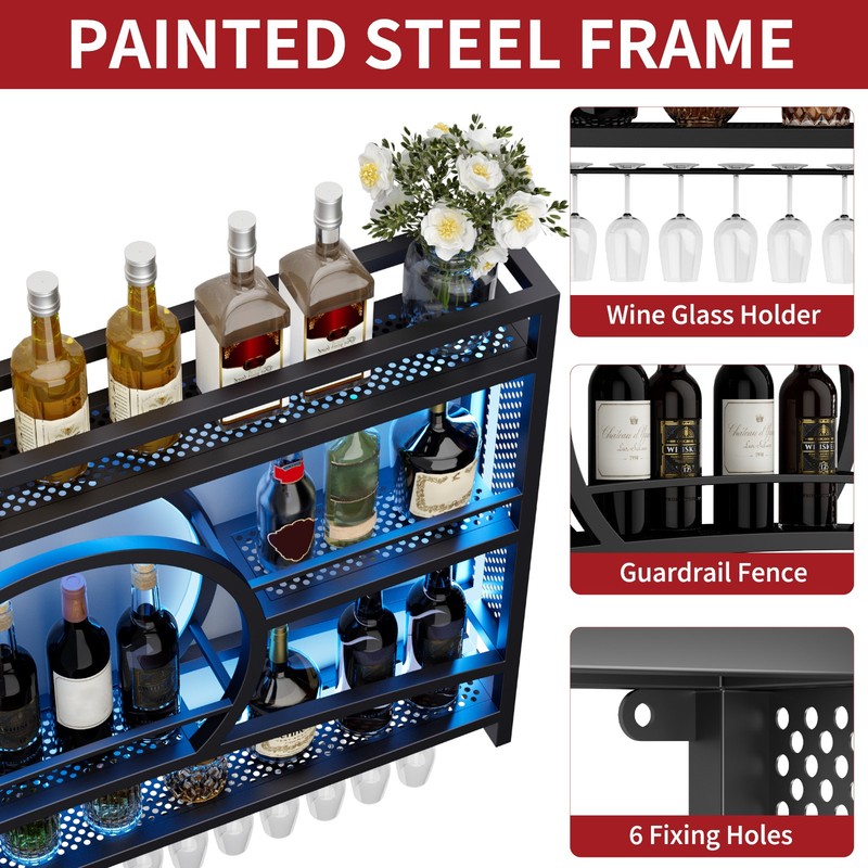 3-Tier Fully Assembled Wine Rack Wall Mounted LED Lighted Liquor Display Shelf gallery