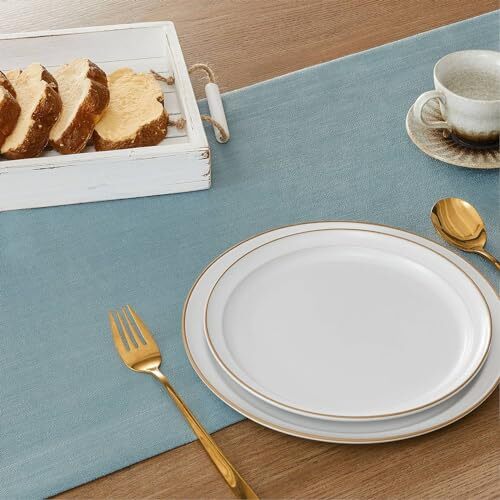 Linen Textured Border Table Runner, 14 x 48 Inch Farmhouse 14x48 Inch Blue gallery